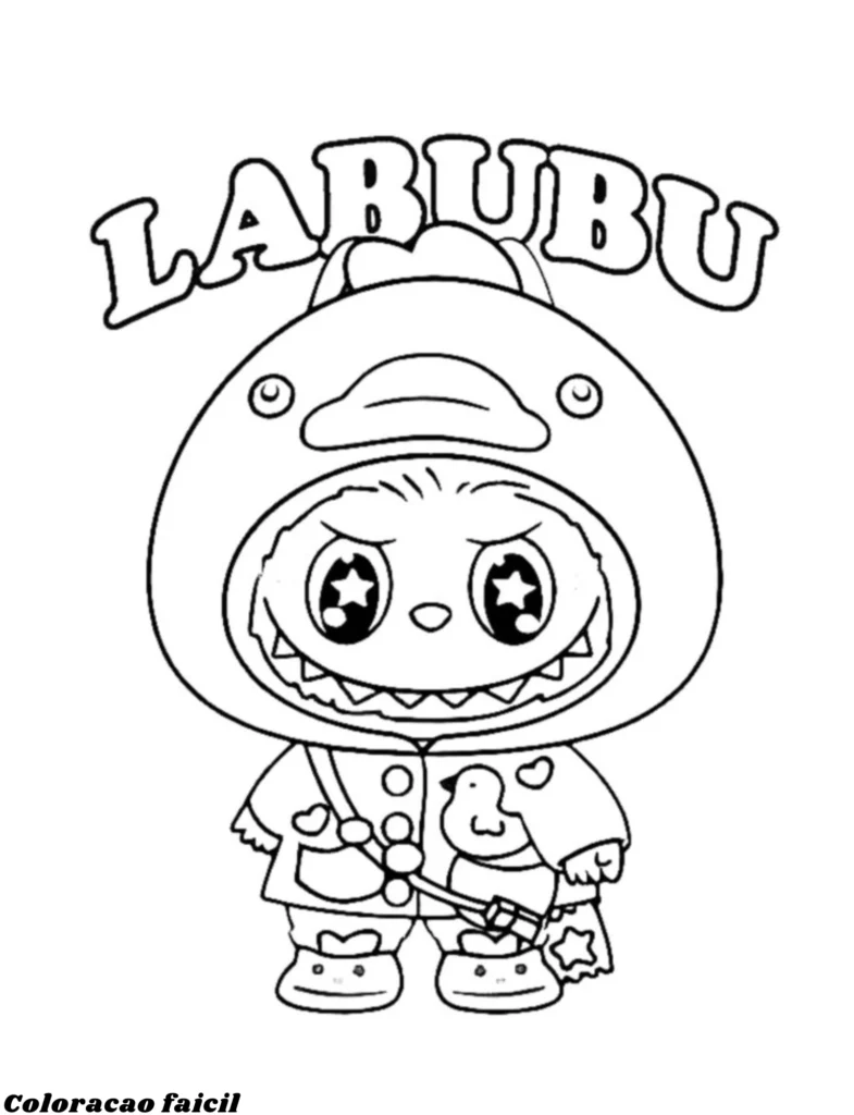Neste desenho, além do personagem, também aparece o nome Labubu pronto para ser colorido. Que tal usar uma cor diferente em cada letra para deixar ainda mais divertido?