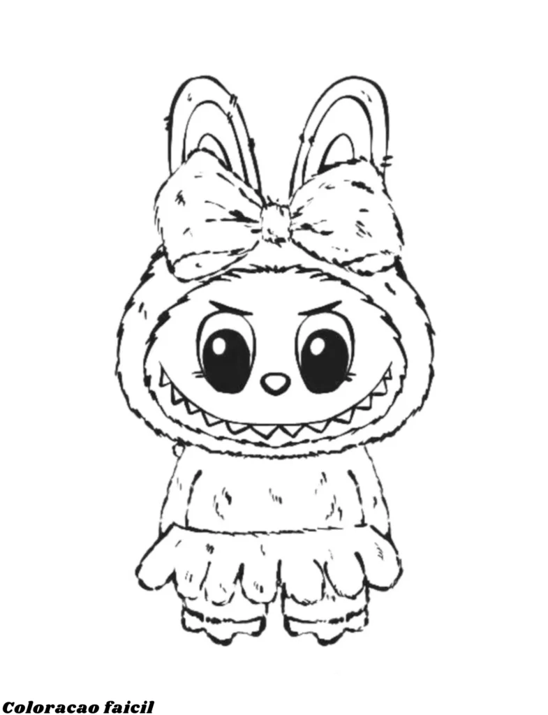Neste desenho, o visual do Labubu destaca sua textura felpuda e ainda traz um laço especial para você colorir. Que tal começar agora?