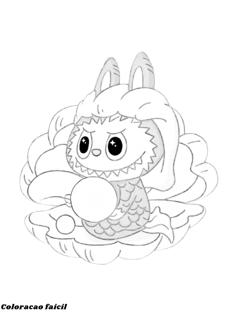 Soltando a imaginação, criamos este desenho do Labubu em uma fantasia de sereia, sentado dentro de uma concha e segurando uma pérola.