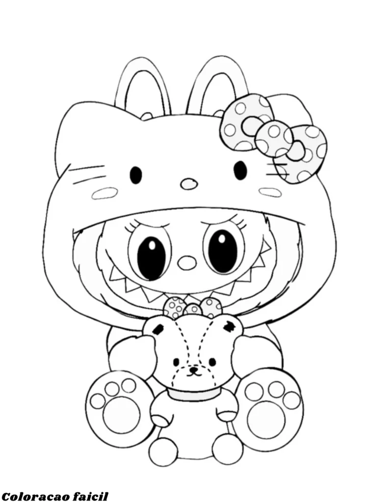 Acredite, o universo do Labubu é cheio de surpresas e ainda há muitas outras versões dele usando fantasias criativas. No próximo desenho para colorir, por exemplo, ele aparece caracterizado com um visual inspirado na Hello Kitty.